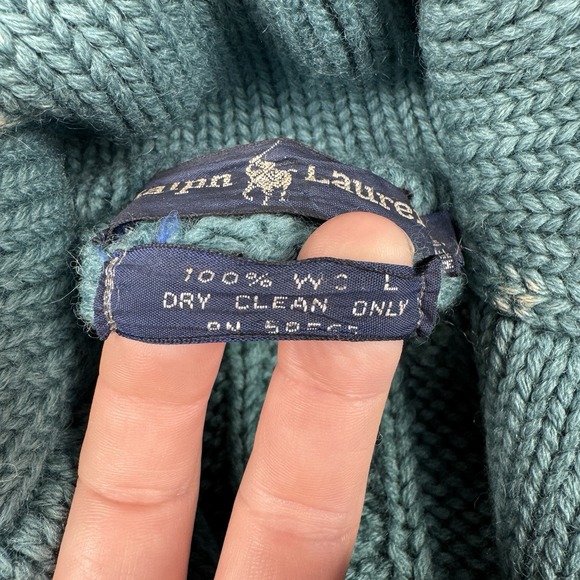 Polo Ralph Lauren Sweater Mens Large Blue Cable Knit Shawl Cardigan Lambswool - Picture 7 of 16